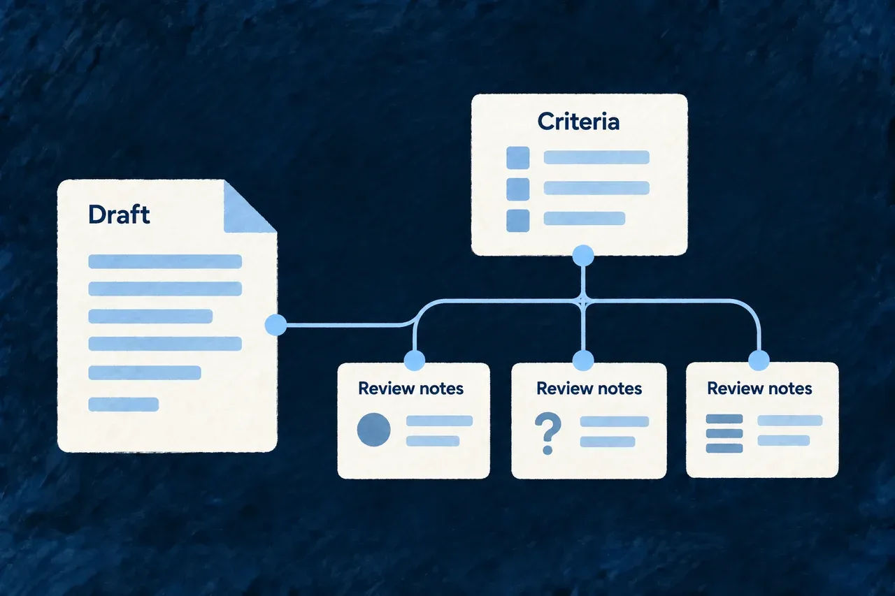 A reviewer places criterion-based notes beside a generated draft.