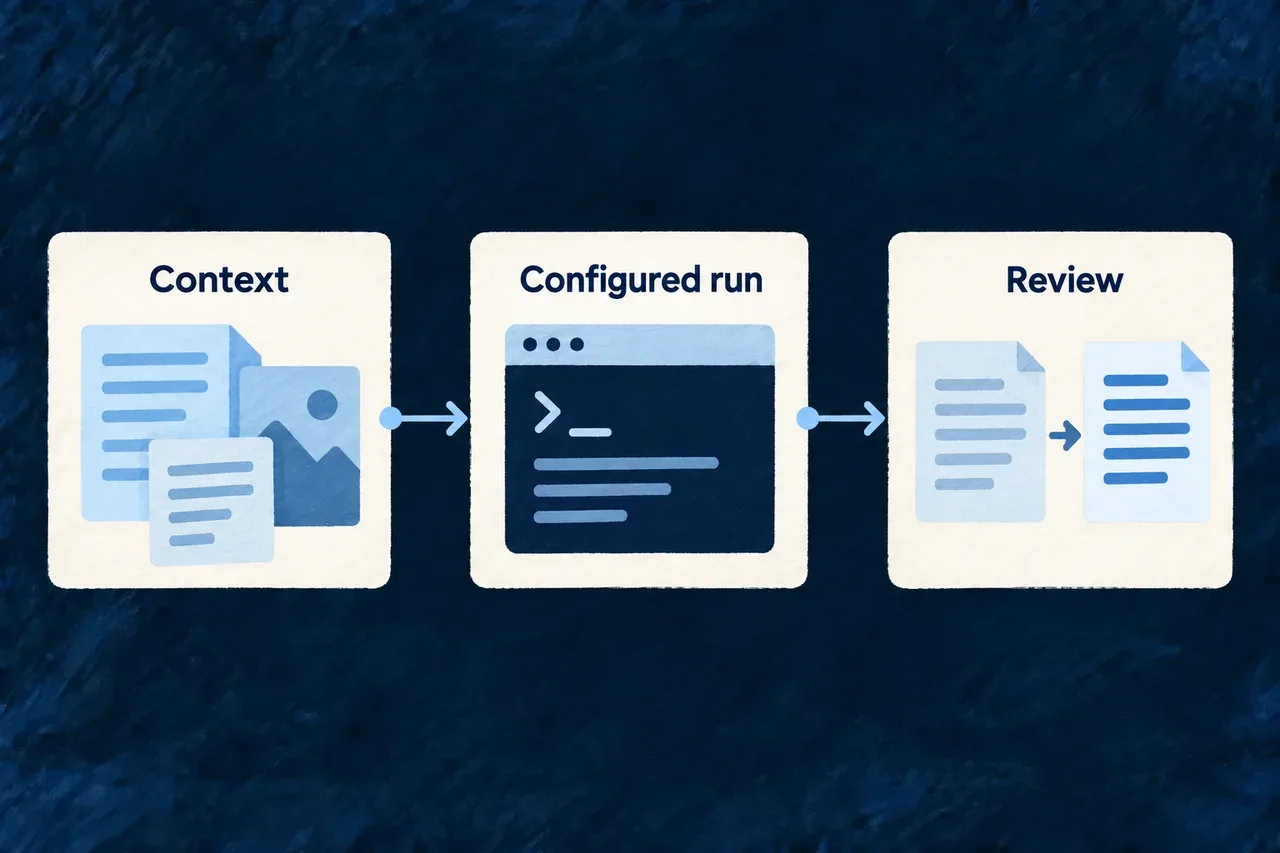 Application context, a configured run and observed changes form a reviewable workflow.