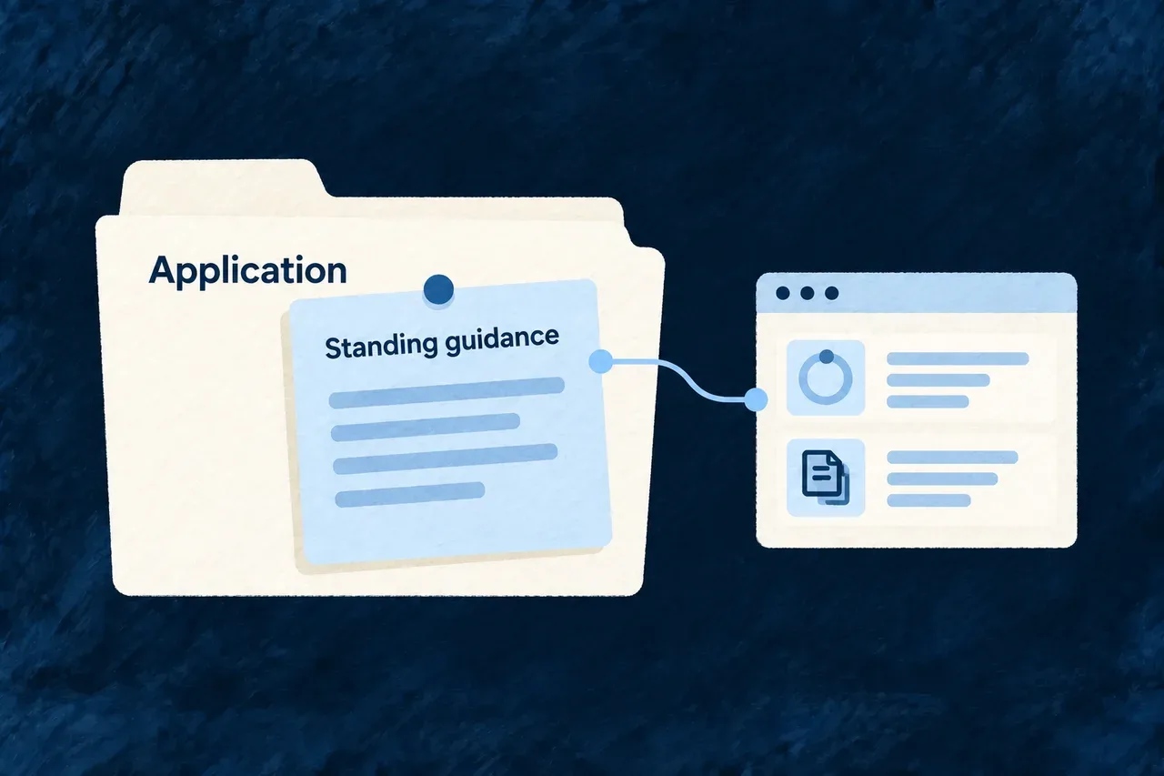 Standing guidance accompanies the application workspace and its terminal.