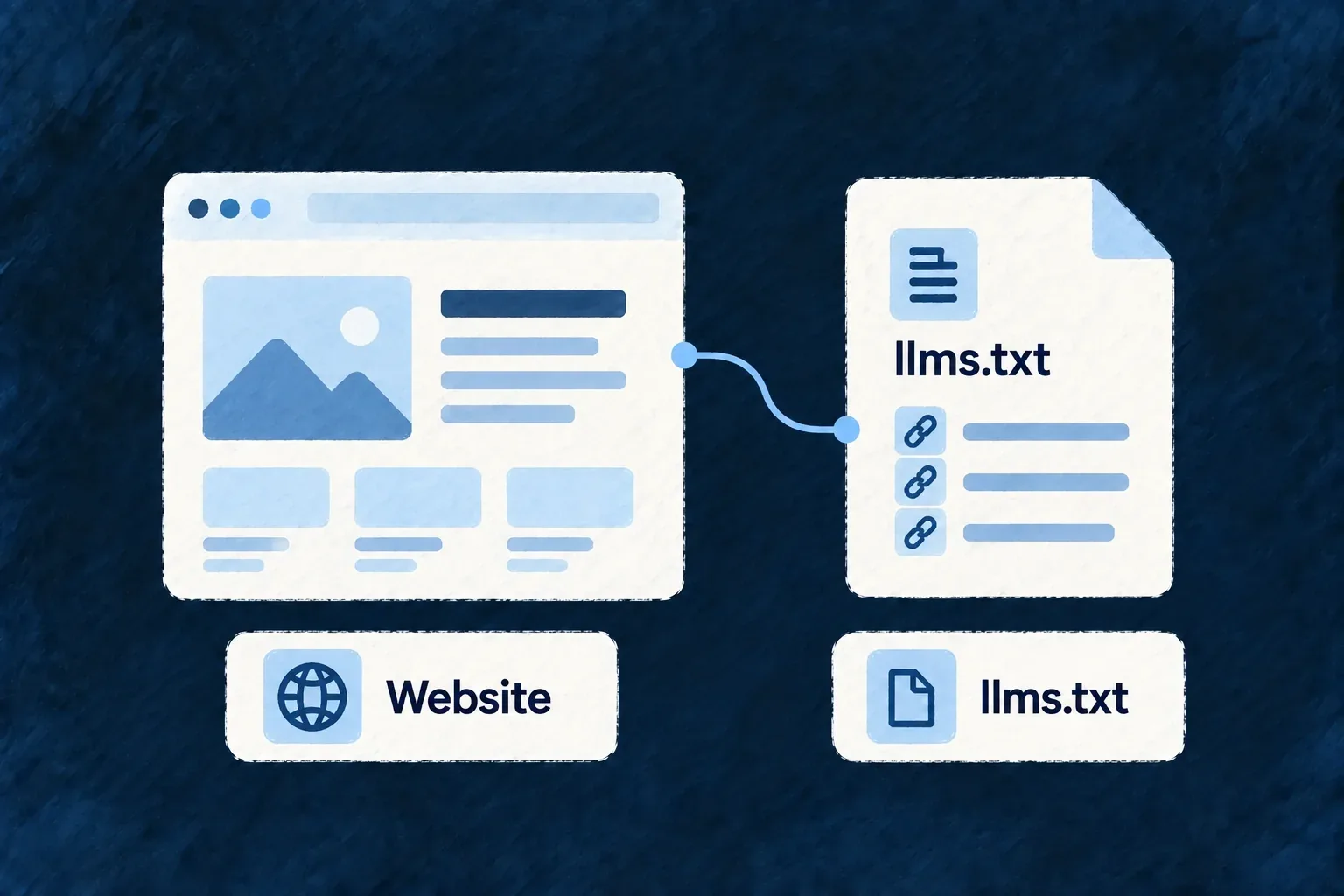 A public website beside a short plain-text product guide containing a few link lines; one subtle connector