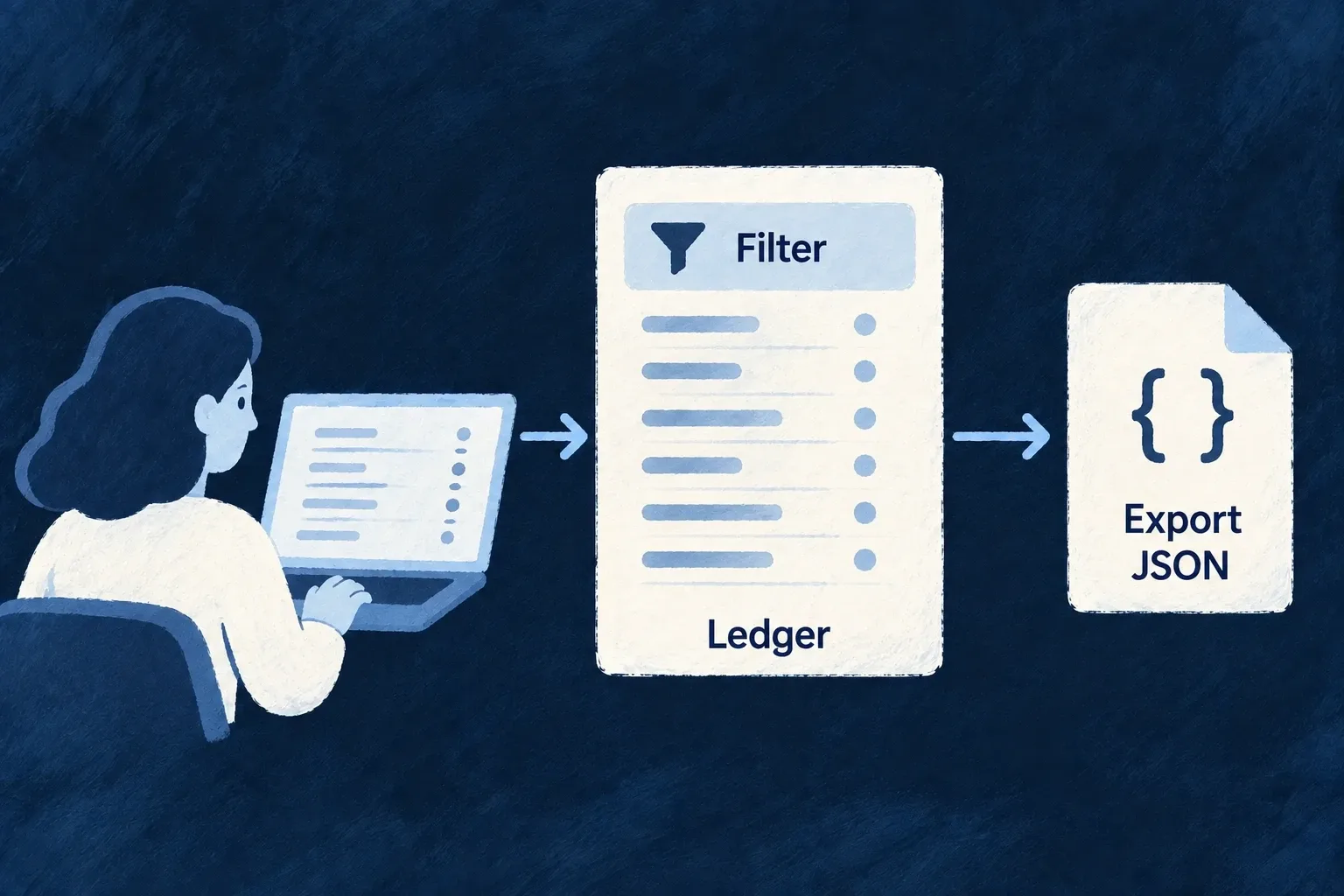 A customer filters a scoped audit ledger and exports the selected records as JSON.
