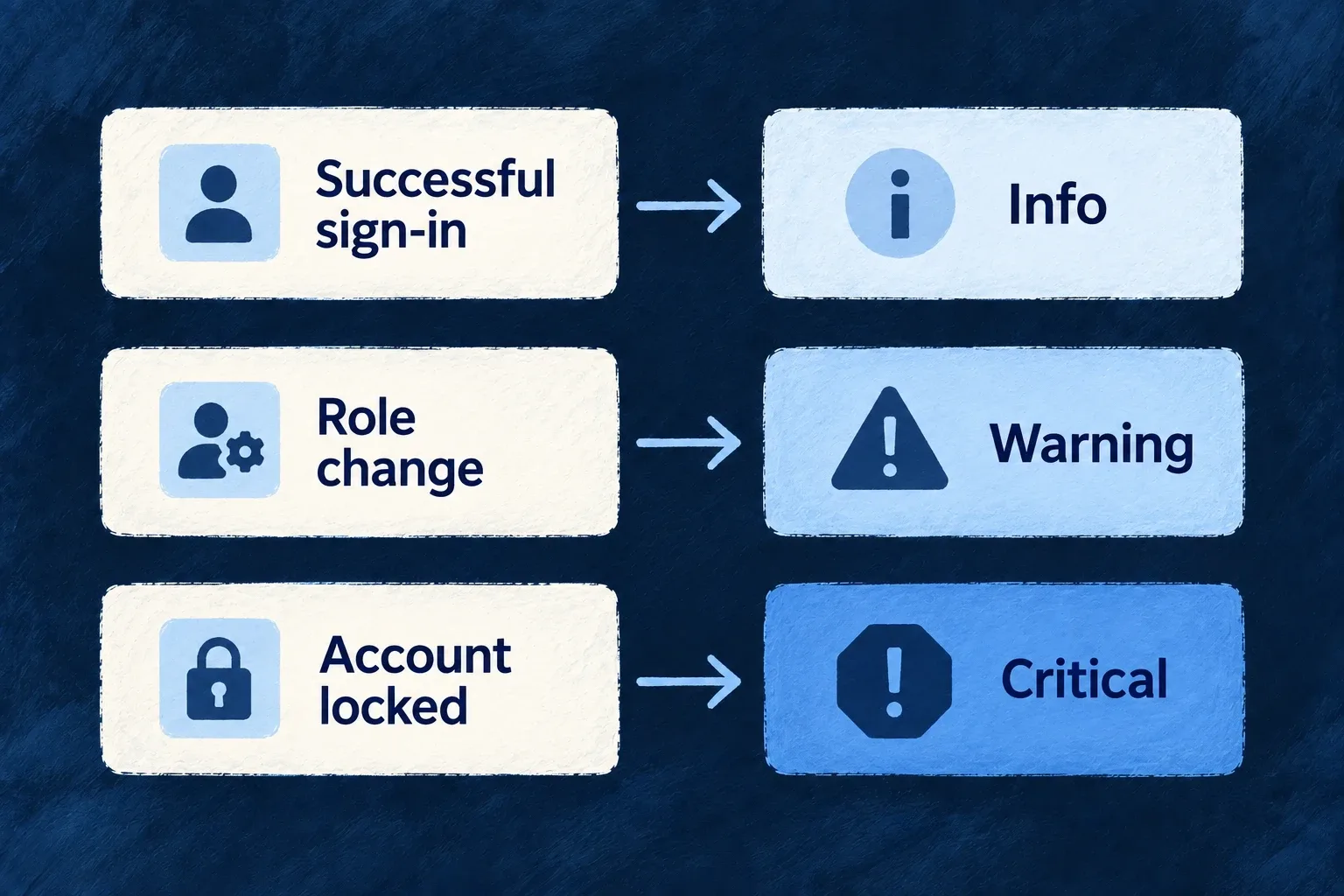 Successful sign-in is informational, a role change is a warning, and account lockout is critical.