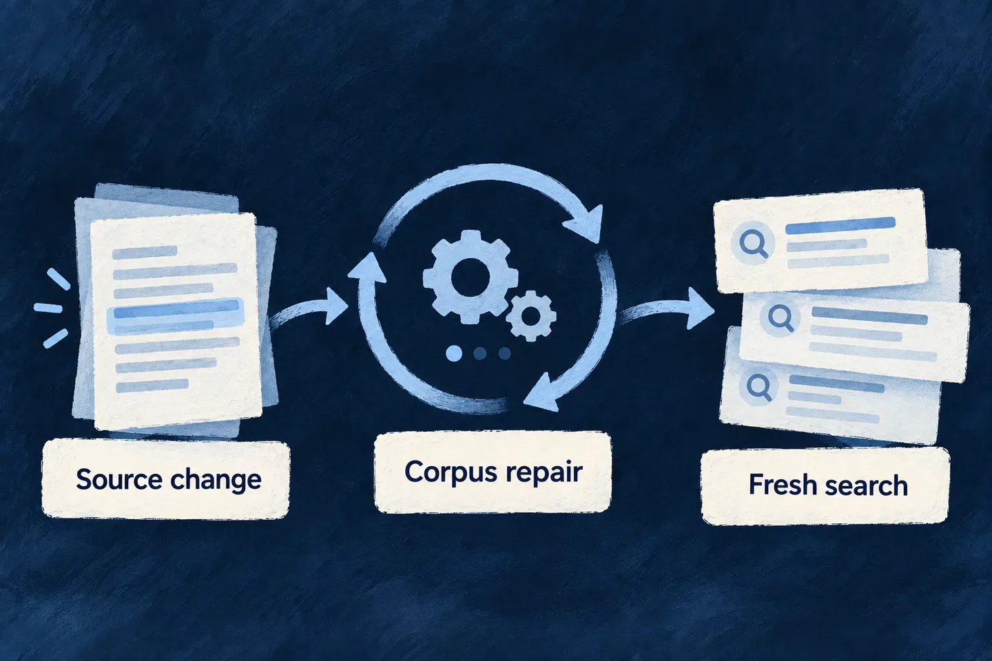 Changed source material is reconciled with its searchable passages and embeddings.