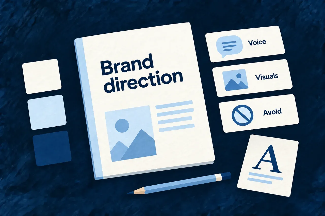 A brand guide records voice, visual direction and things to avoid.