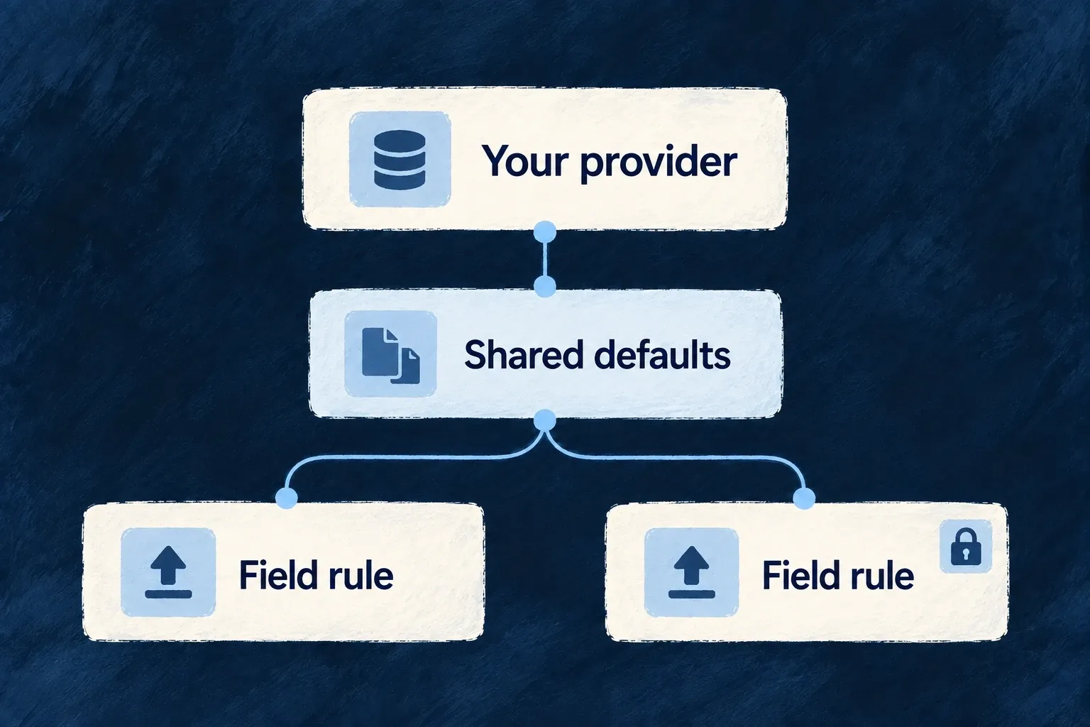 An application-owned provider supplies shared defaults while individual fields retain their own rules.