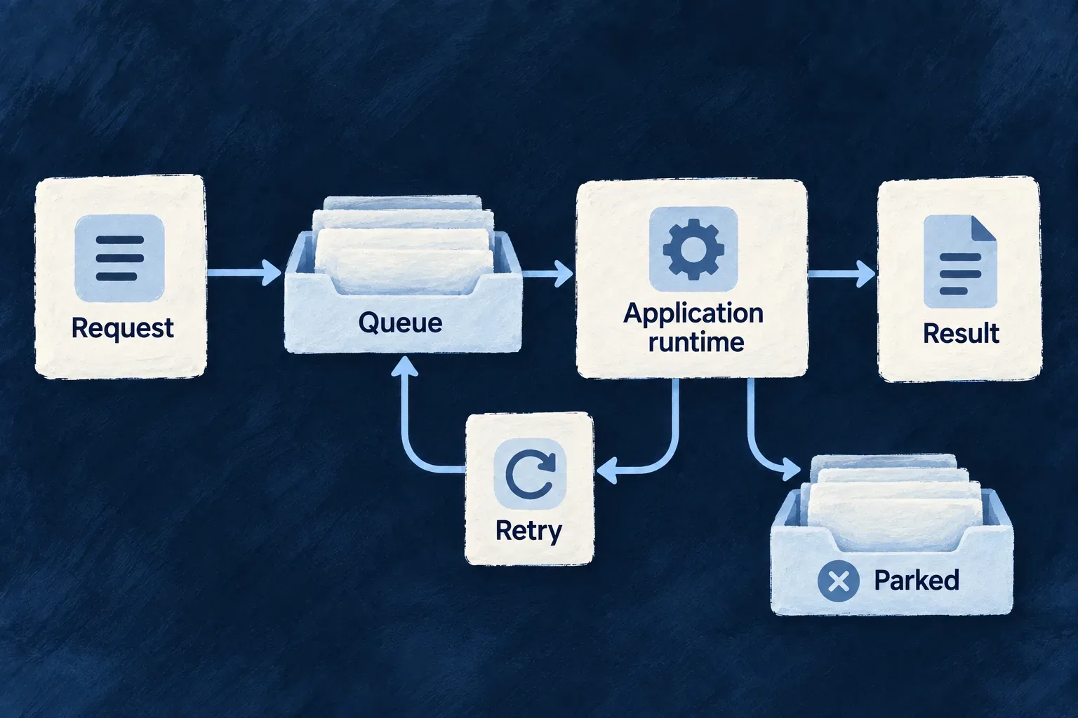 A Request card sends a Work card into a Queue tray; an Application runtime card takes work from the tray and produces a Result.