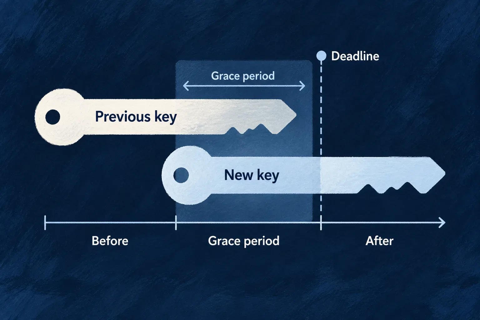 Old and new credentials overlap until the previous credential reaches its deadline.