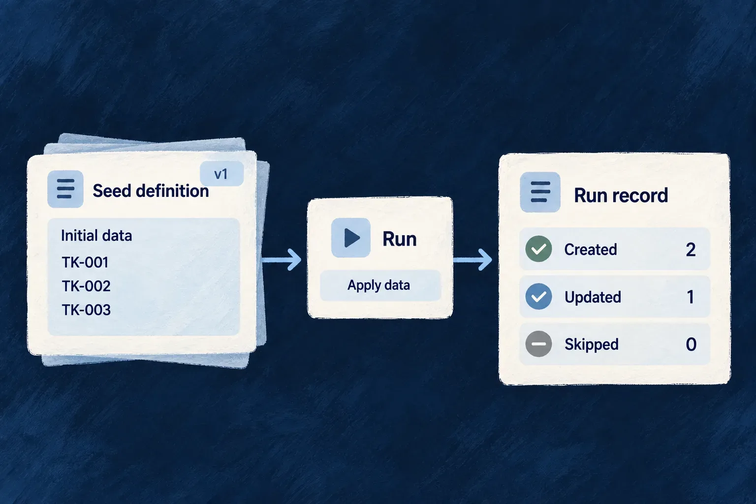 A Seed definition document feeds a Run card and then a Run record document with three simple rows Created, Updated, Skipped.