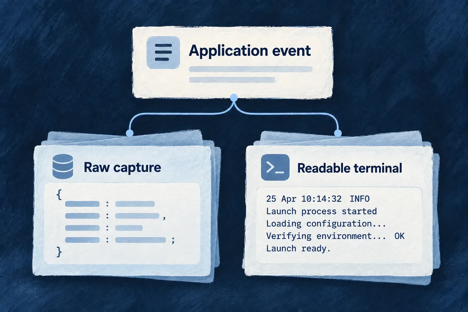 The same process output produces raw machine records and readable terminal output.