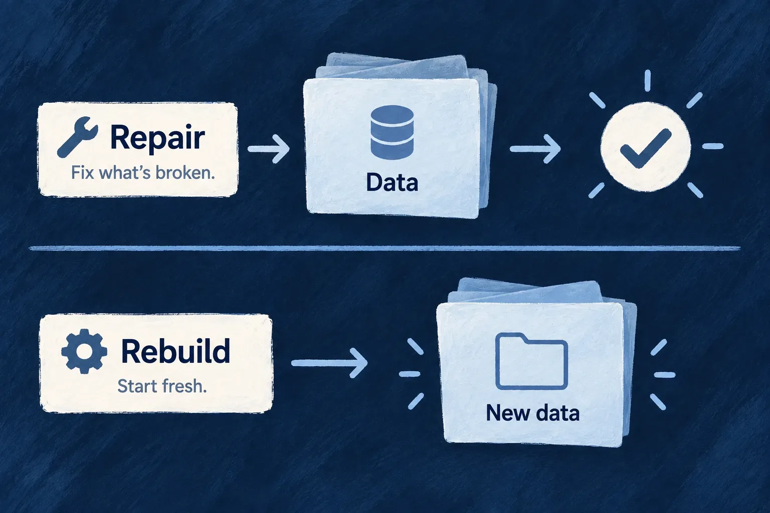 Repairing configuration while retaining data is distinct from starting with empty data.