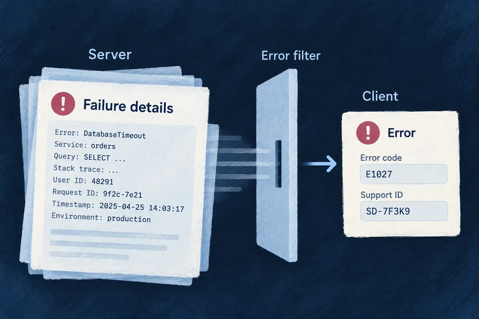 Detailed server errors are reduced to client-safe response information.