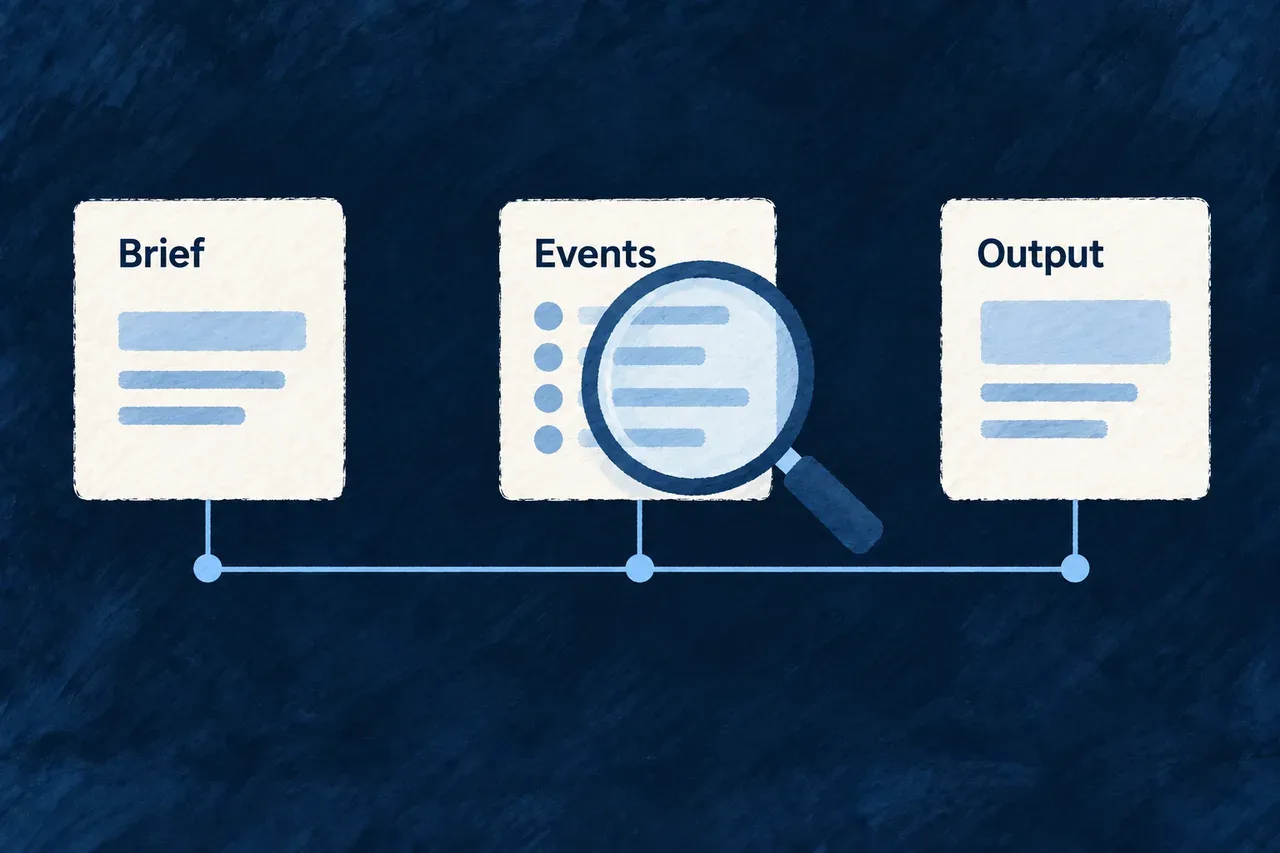 A creation attempt connects its brief, events and output in an inspectable sequence.