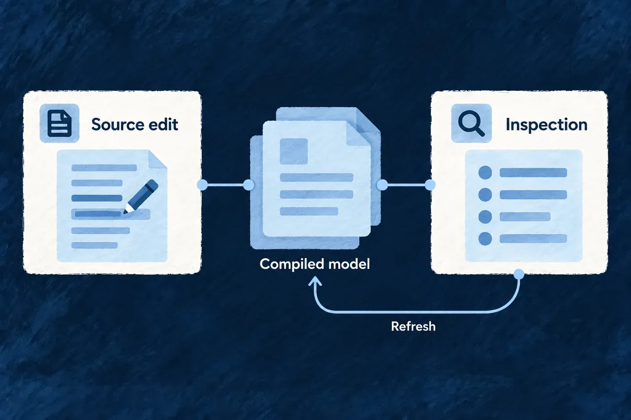 Source changes pass through the compiled model before refreshed inspection.
