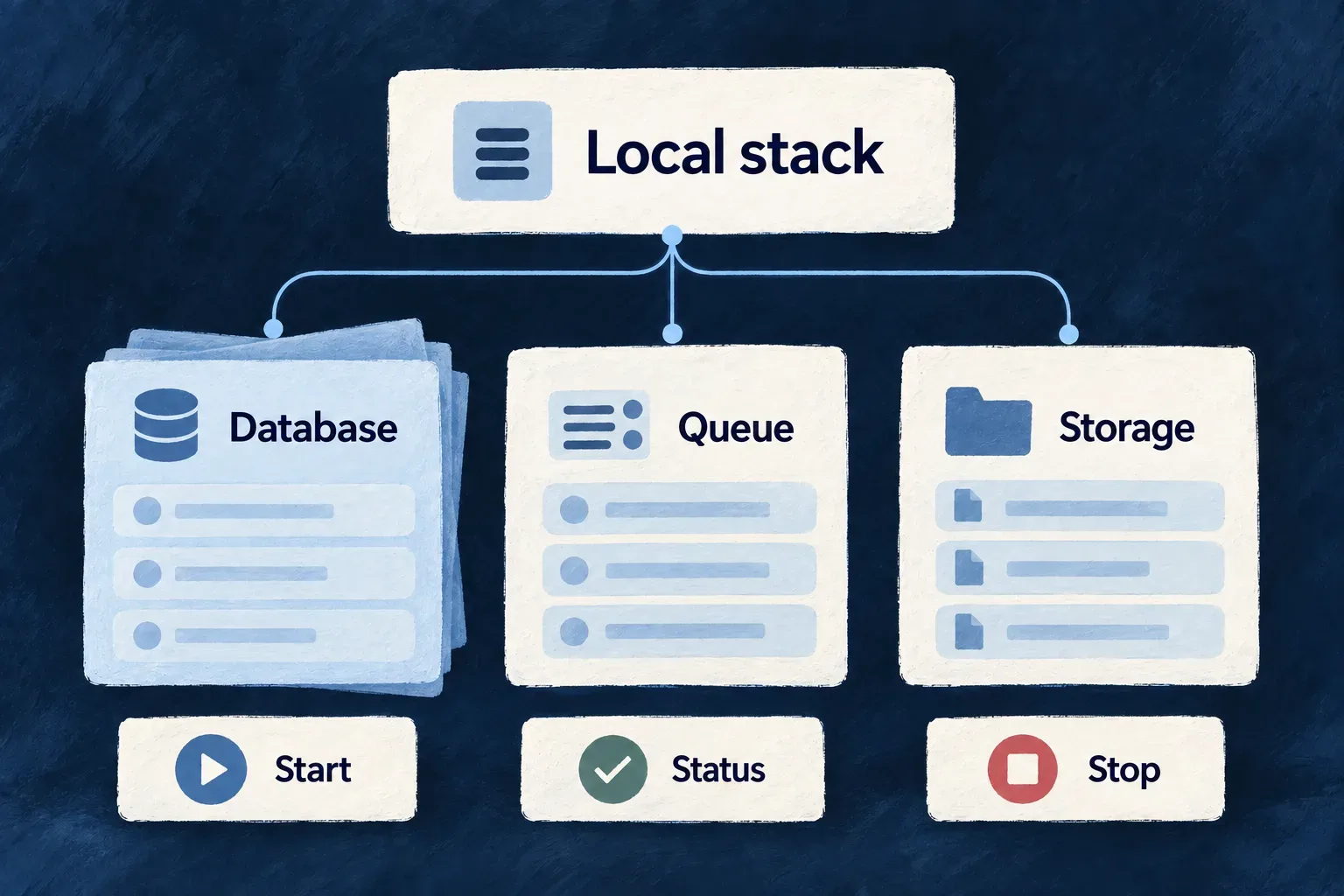 A local stack groups database, queue and storage services with start, status and stop controls.