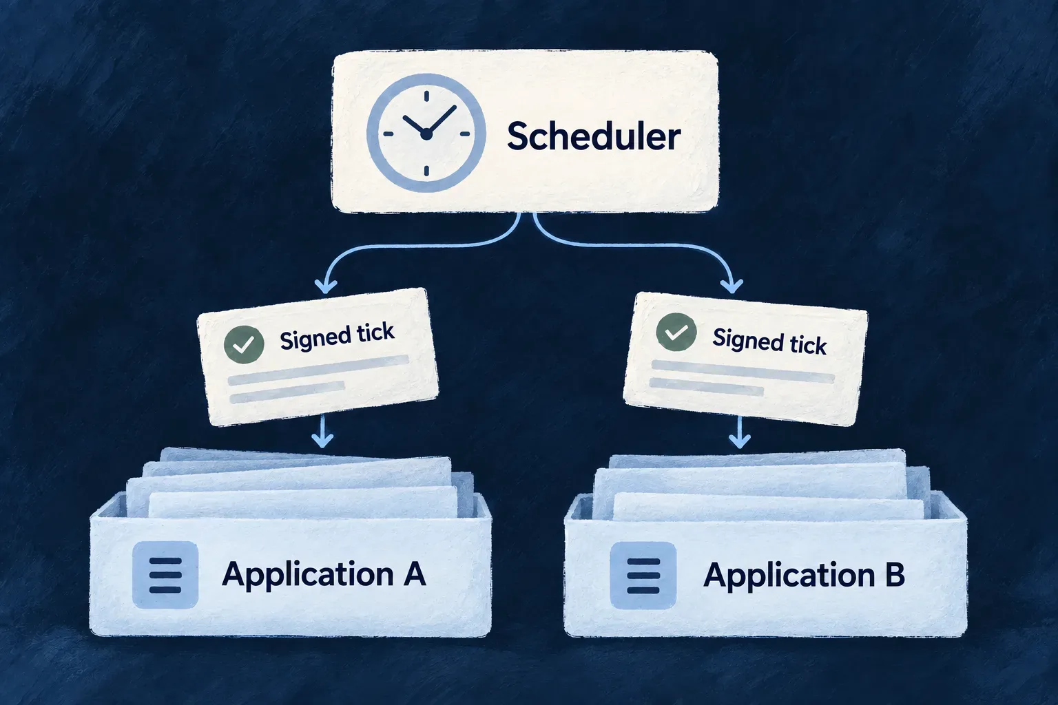 A shared scheduler sends signed ticks to separate application queues.