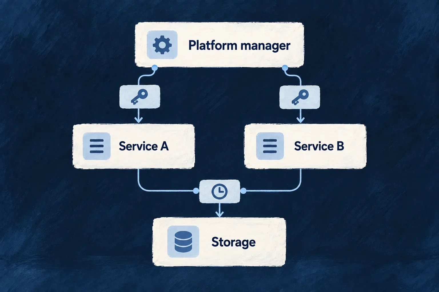 The platform manager service supplies separate service credentials and time-bound storage access.