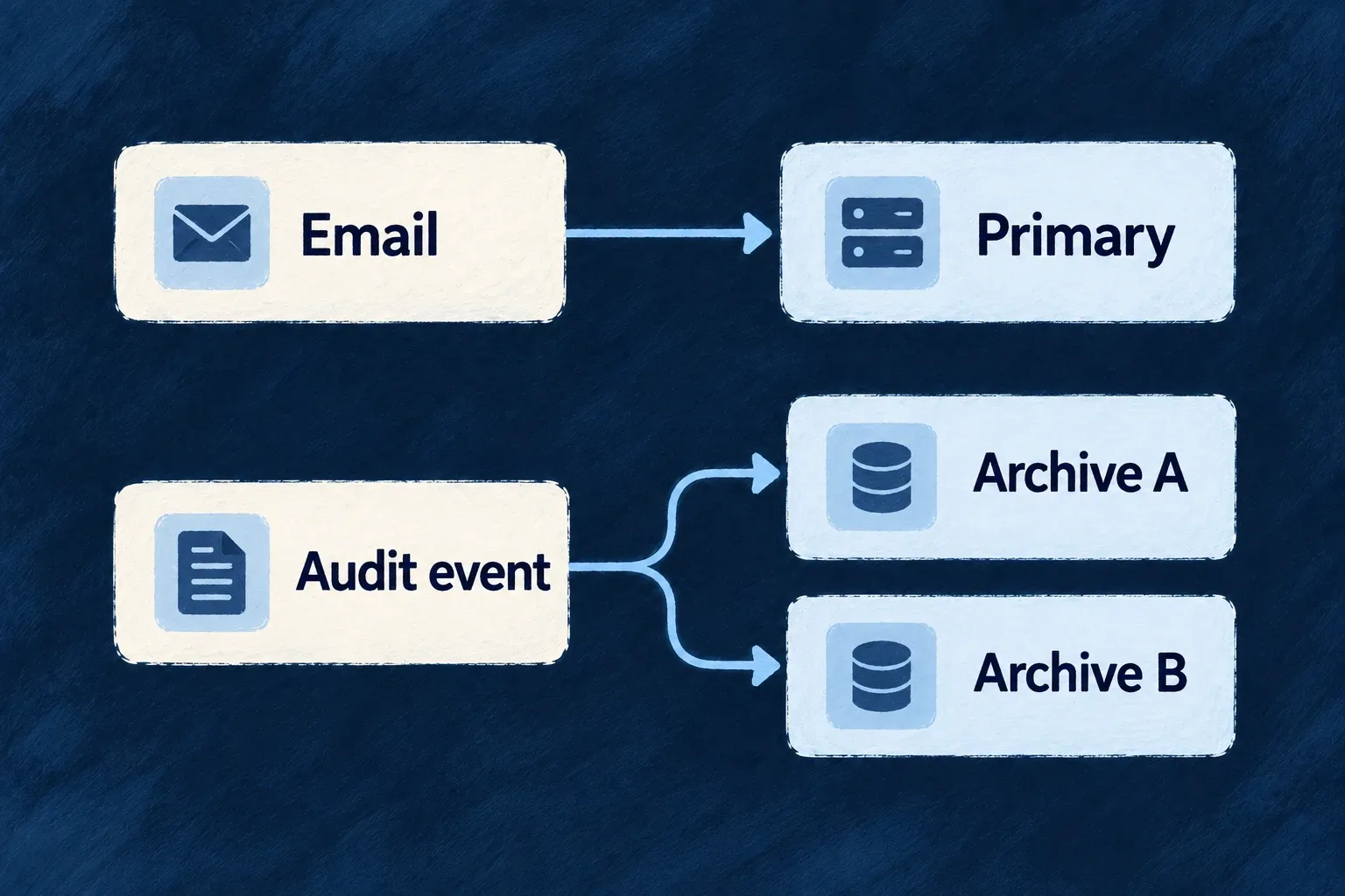 Email selects one provider; an audit event goes to both configured archives.