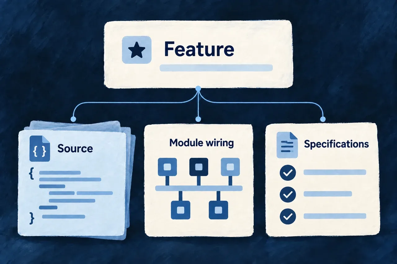 A feature addition connects source code, module wiring and specifications.