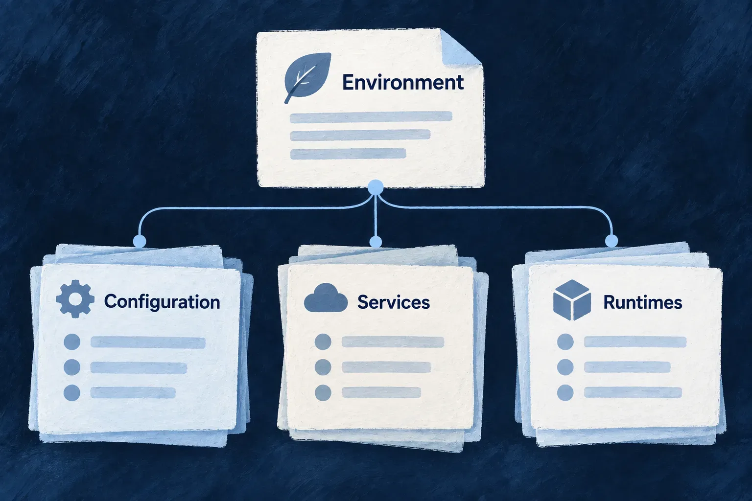 An environment declaration brings service and runtime choices together.
