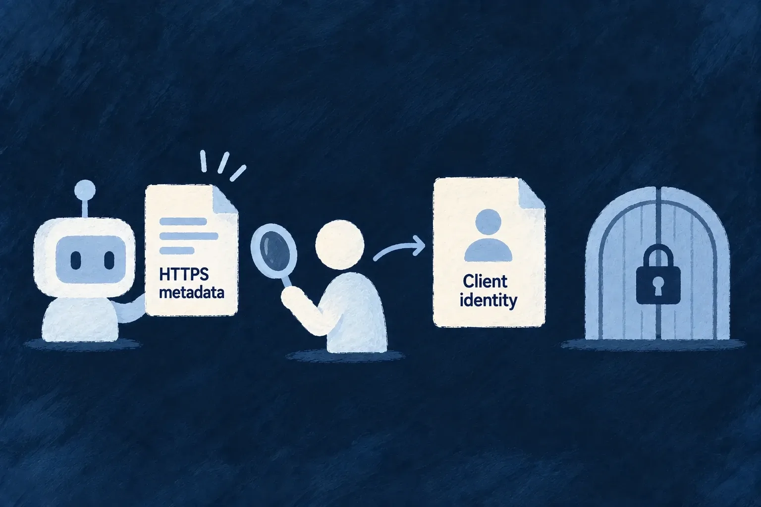 An agent presents HTTPS metadata for inspection as a client identity, while the access gate remains locked.