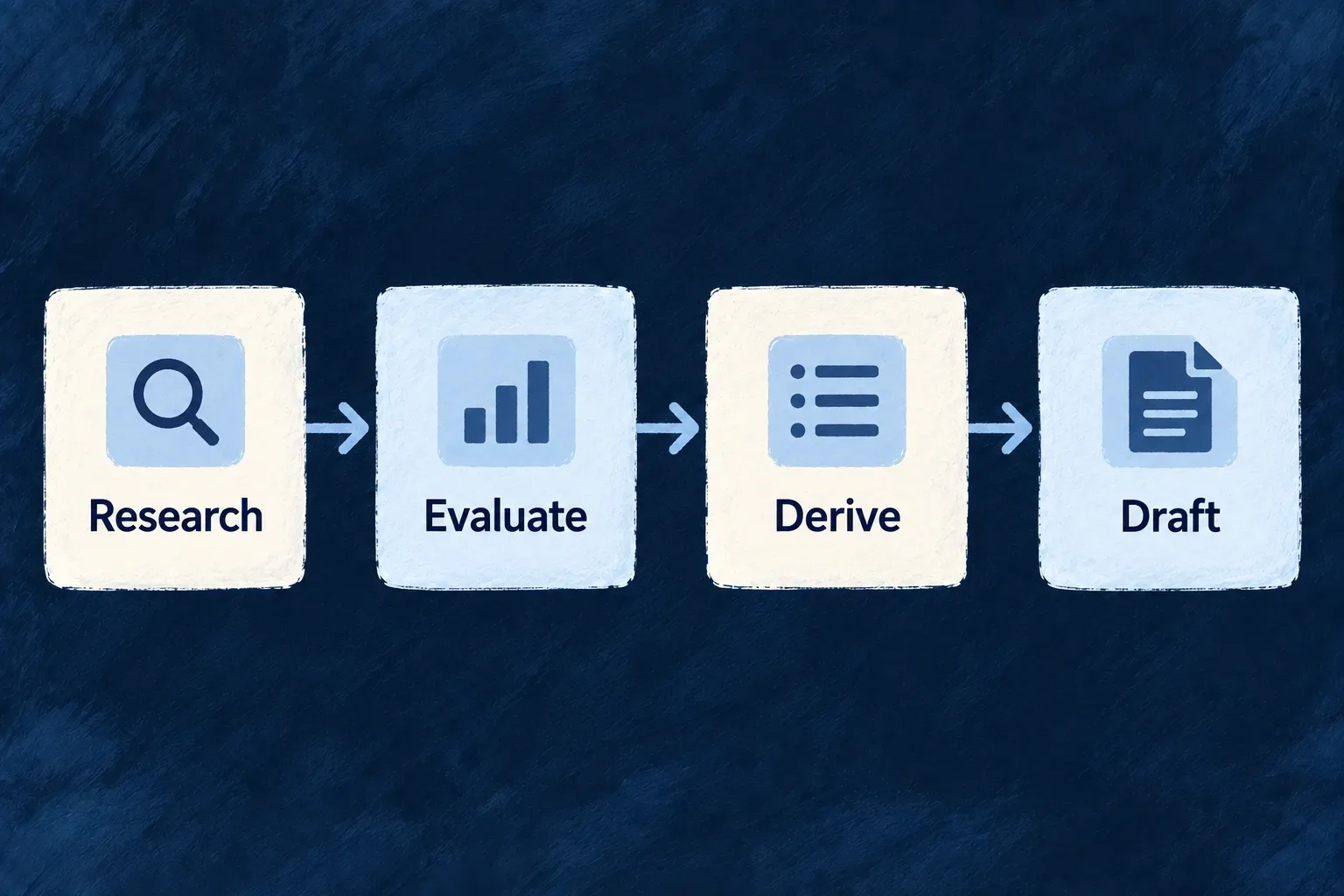 Research, evaluation, fact derivation and document drafting form distinct connected stages.