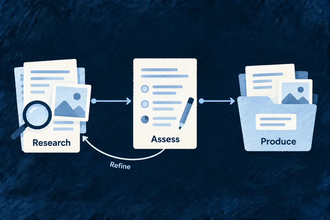 Research and assessment inform production, with another research pass when needed.