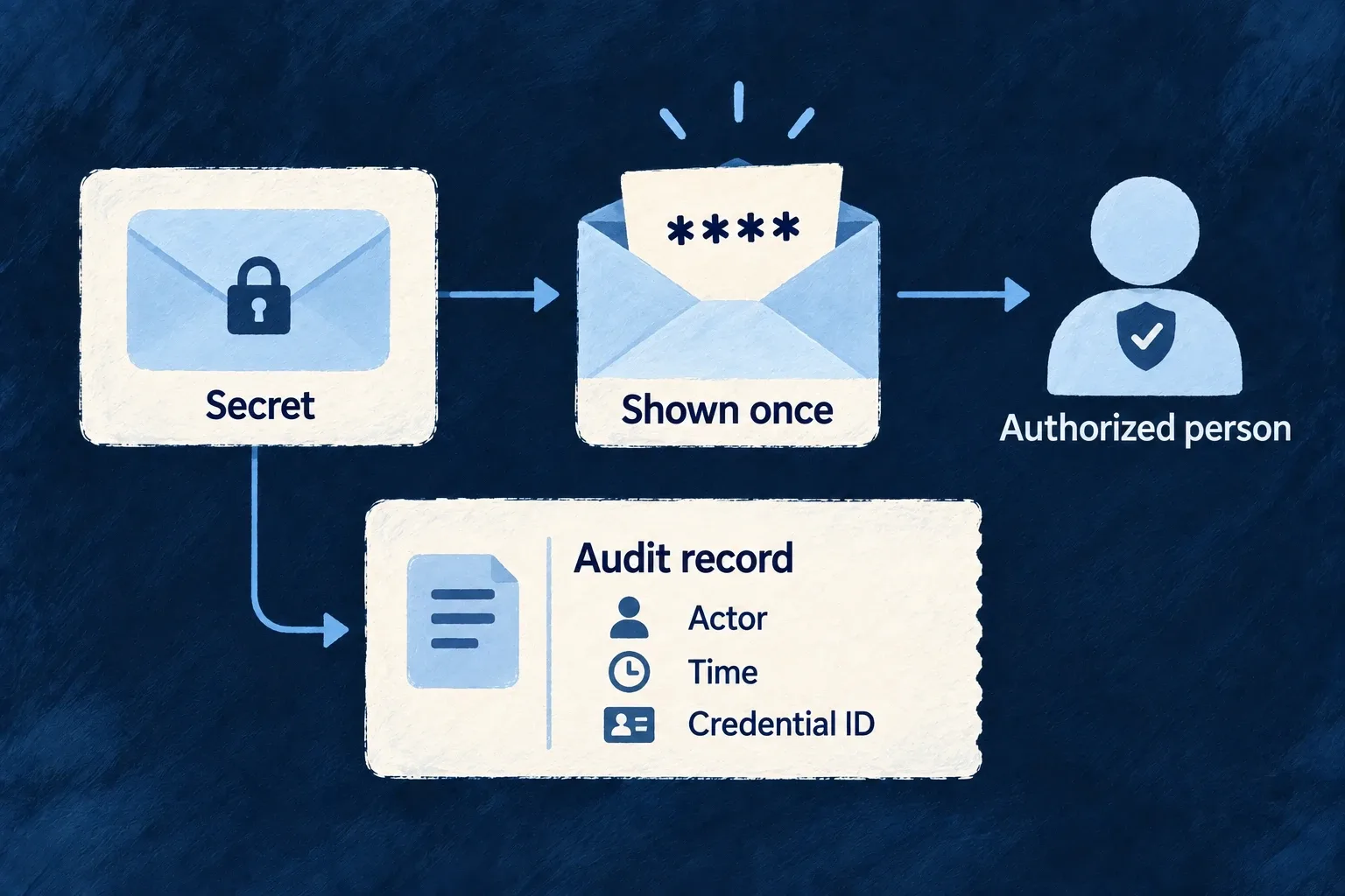 A credential is shown once; a separate audit record retains who revealed it and when, without the secret value.