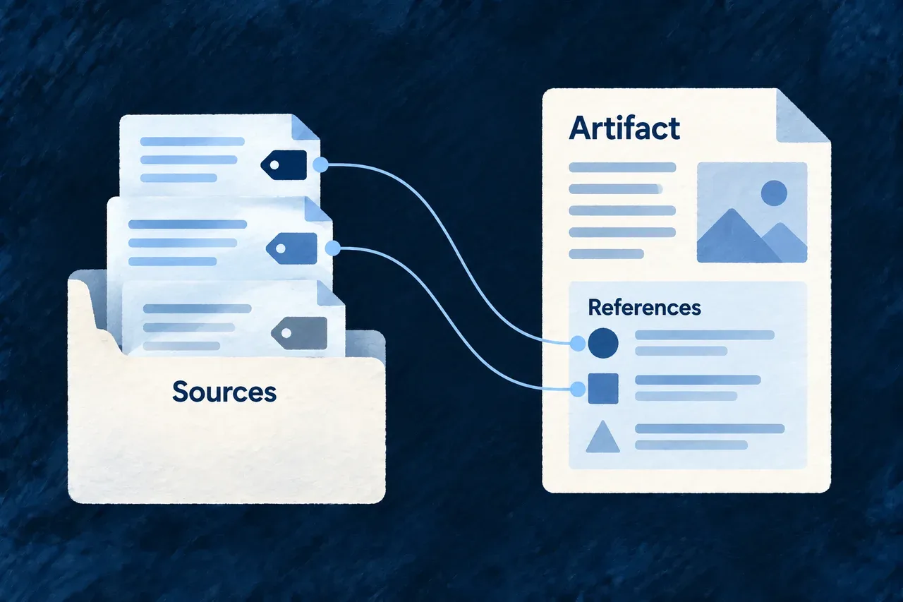 Collected source references are compared with references carried in an artifact.