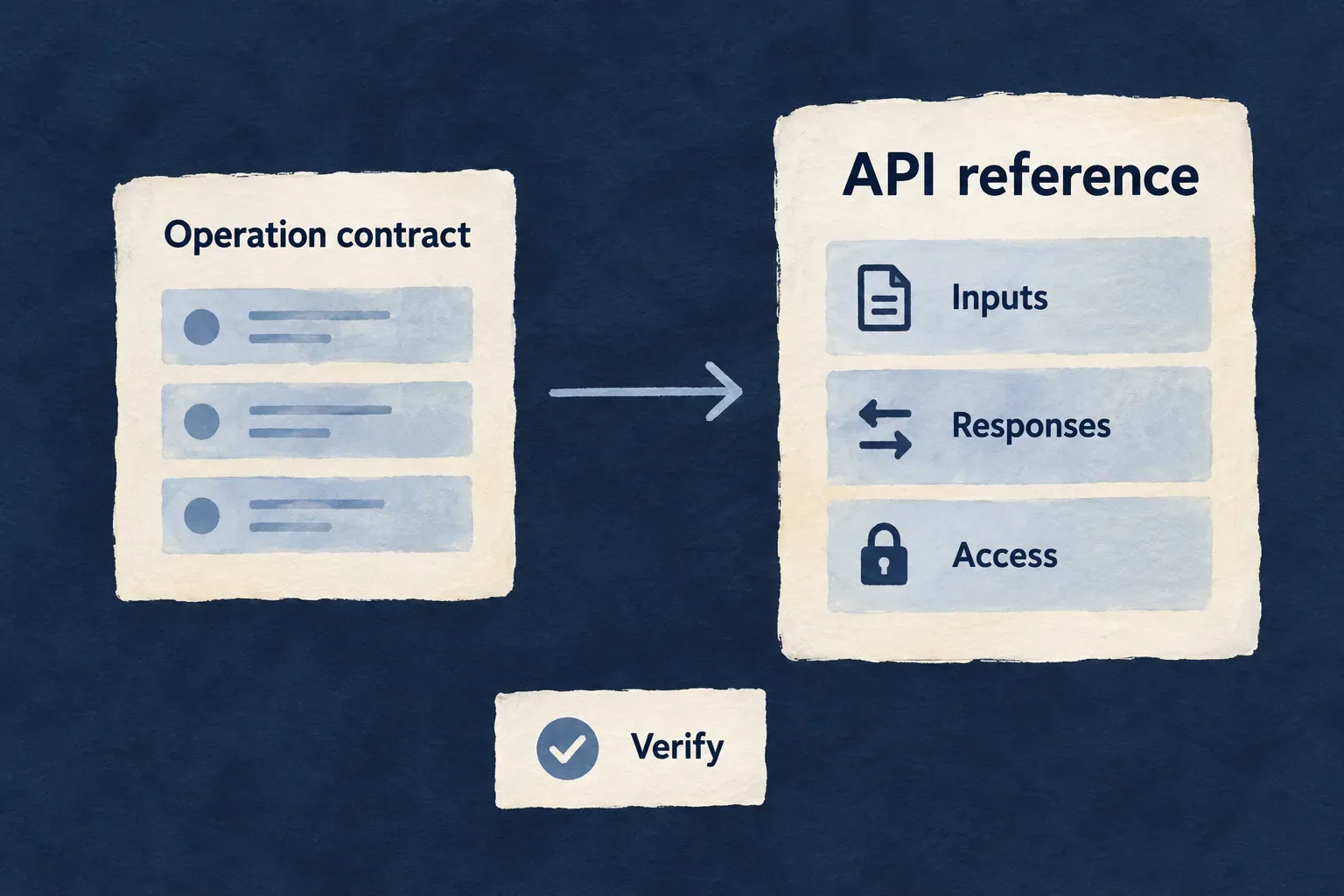 An operation contract becomes an API reference describing inputs, responses and access.