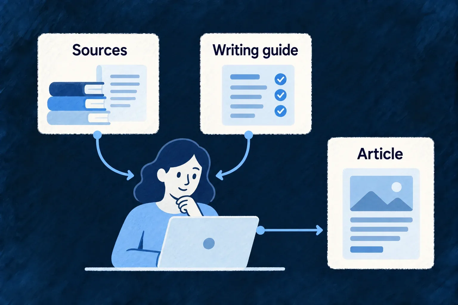 An application author consults a writing guide and source evidence to produce a readable help article