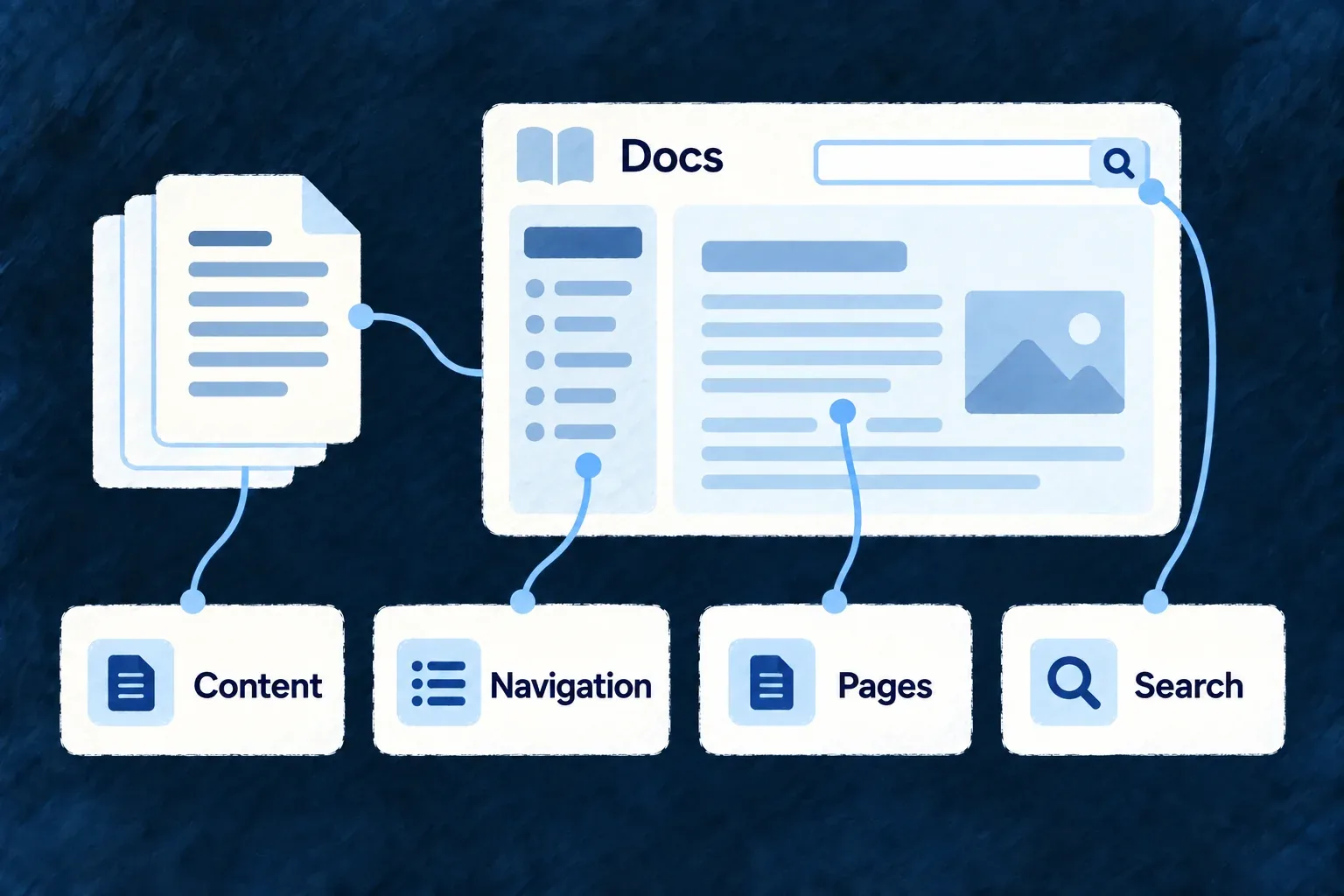 One document collection produces a readable page, sidebar and search panel in a coherent docs site