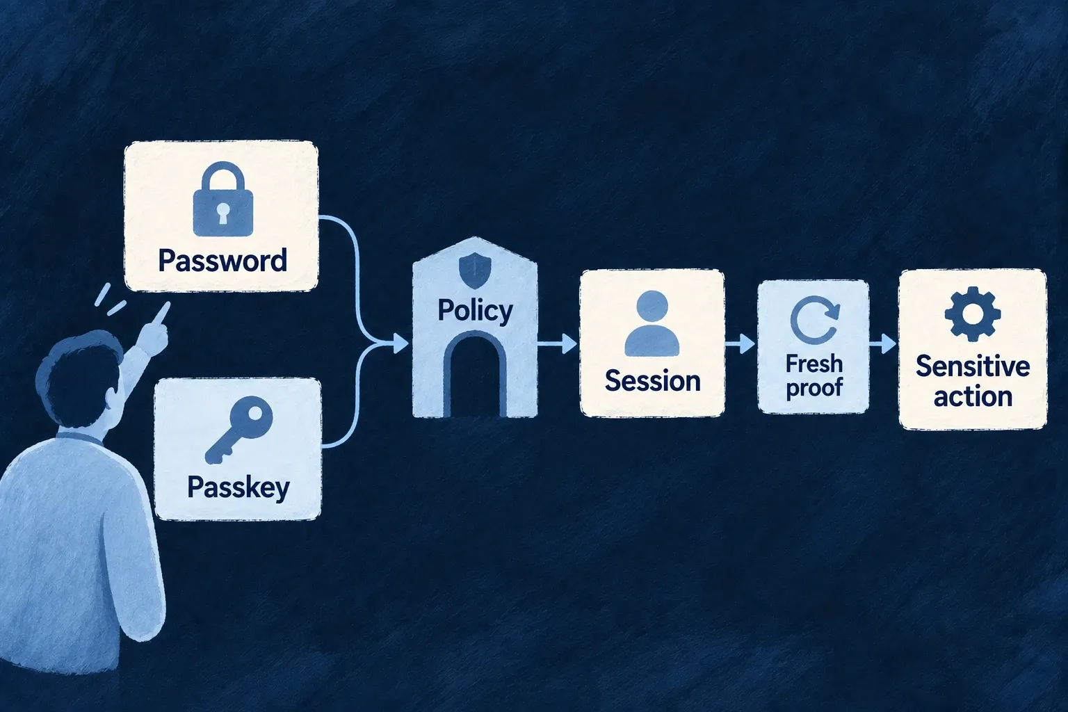 Alternative sign-in methods pass through policy into a session, with fresh proof for a sensitive action.