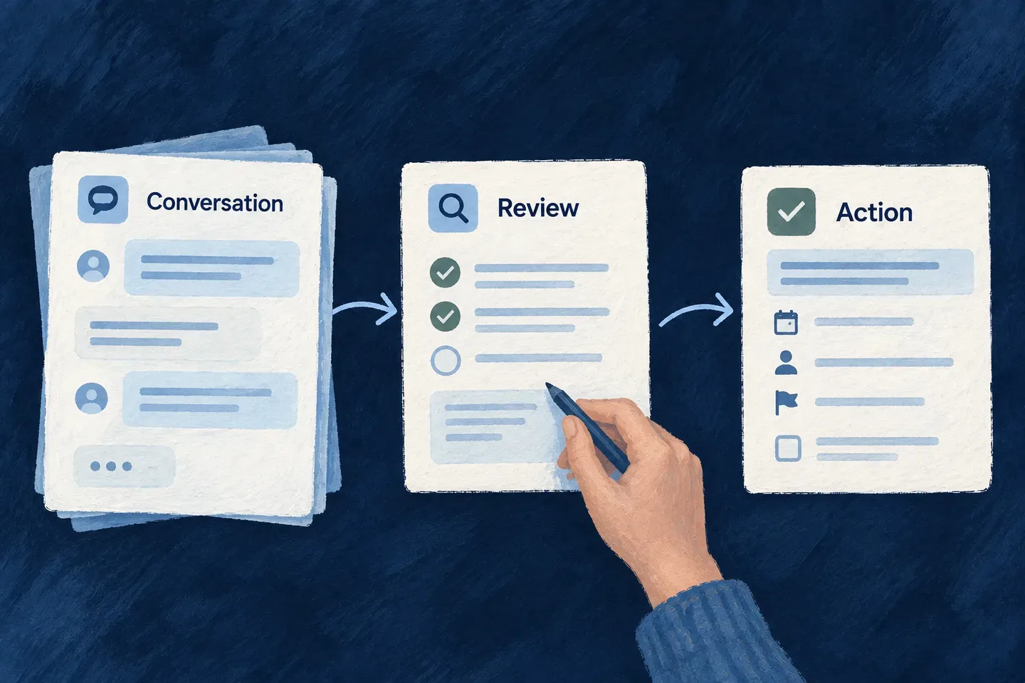 An application conversation can lead to a reviewed action.