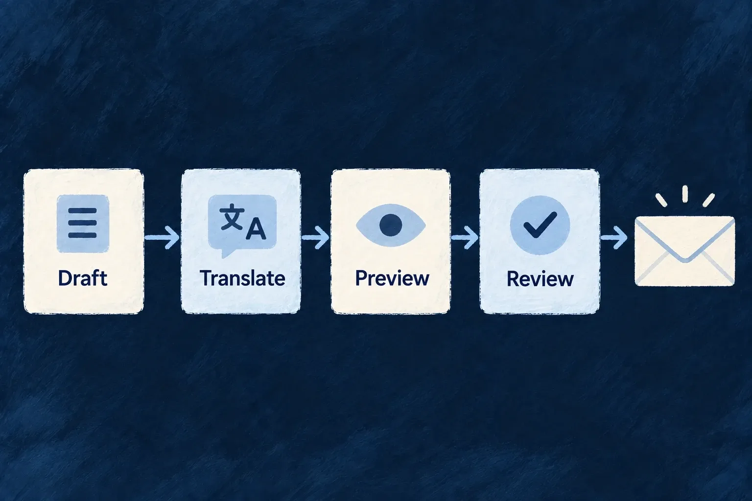Email authoring proceeds from draft and translation to rendered preview and review.