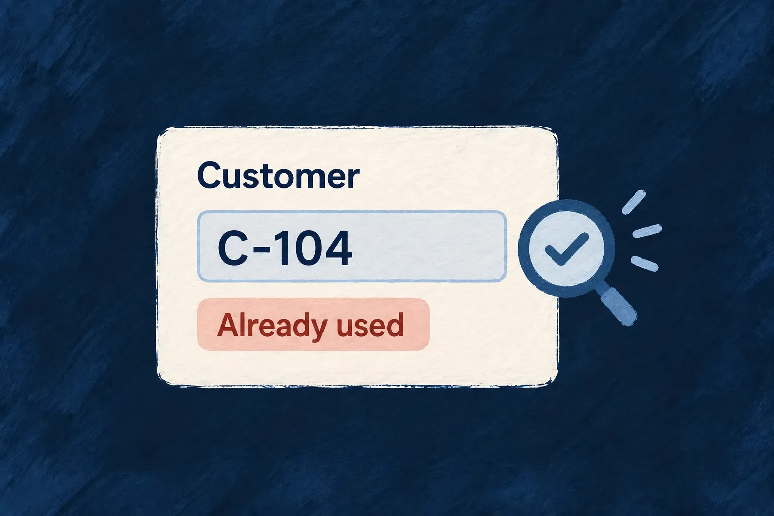 A customer-code field shows an Already used message next to C-104.