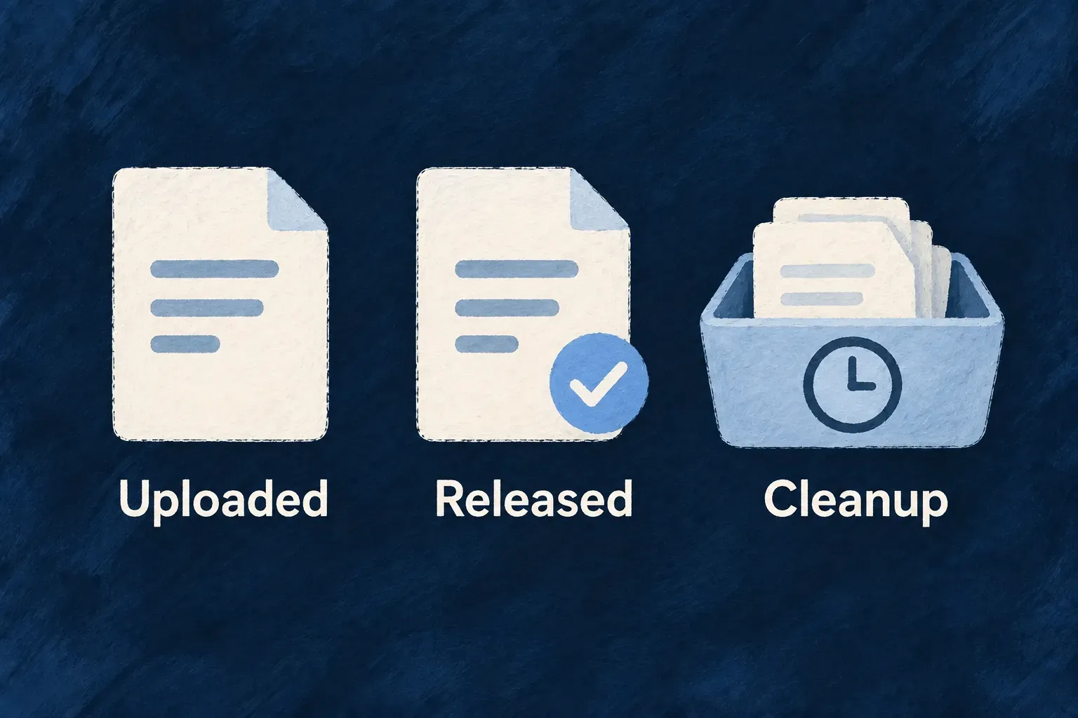 A managed file moves from upload through release to scheduled cleanup.