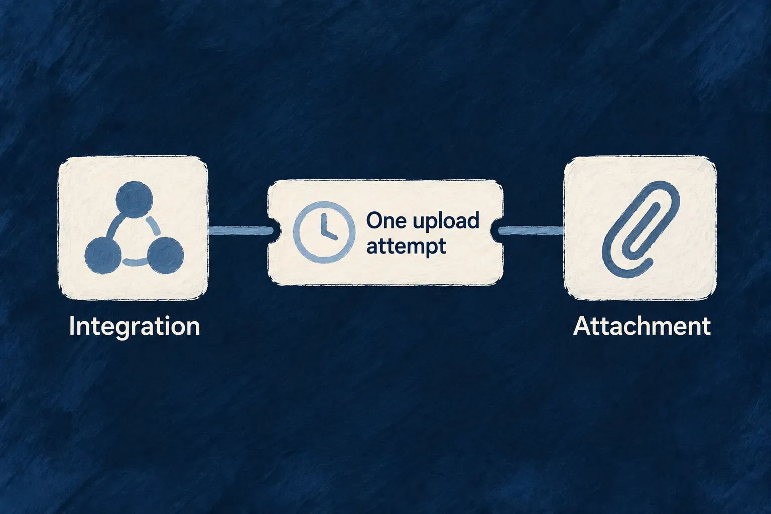 An expiring one-use ticket permits an integration to attempt one attachment upload.