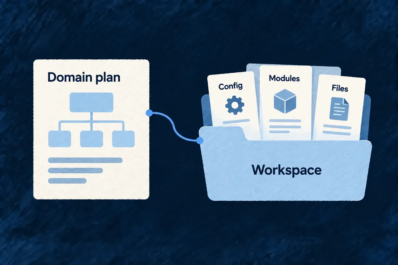 A domain plan supplies configuration, modules and files in the workspace.