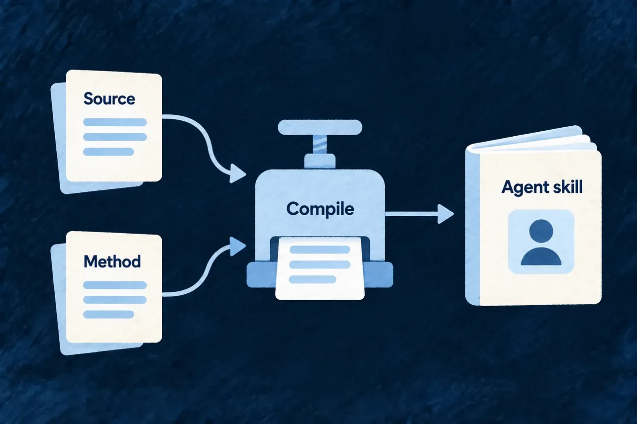 Source contracts and authored methods compile into an agent skill.