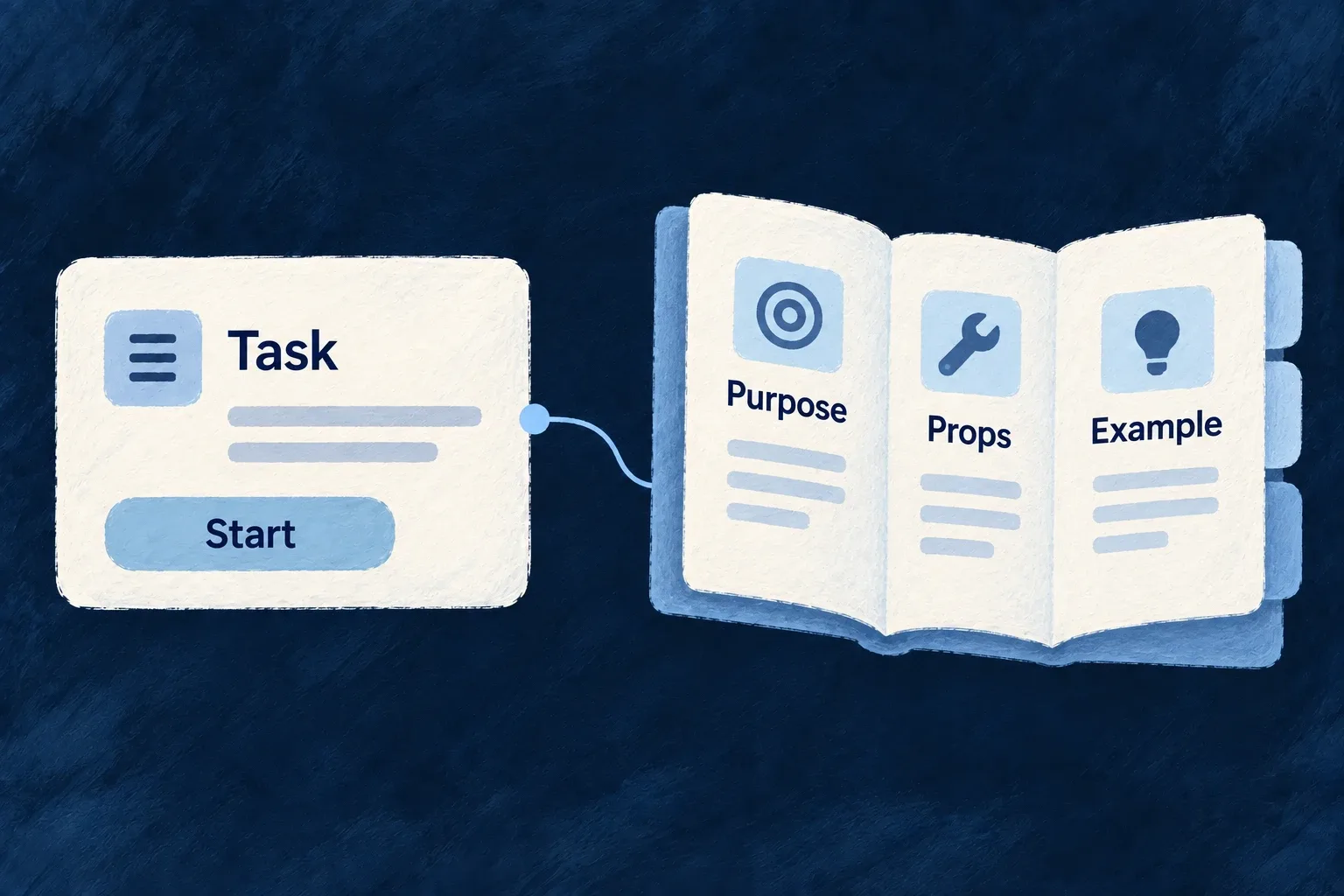 A component is described through its purpose, props and example.
