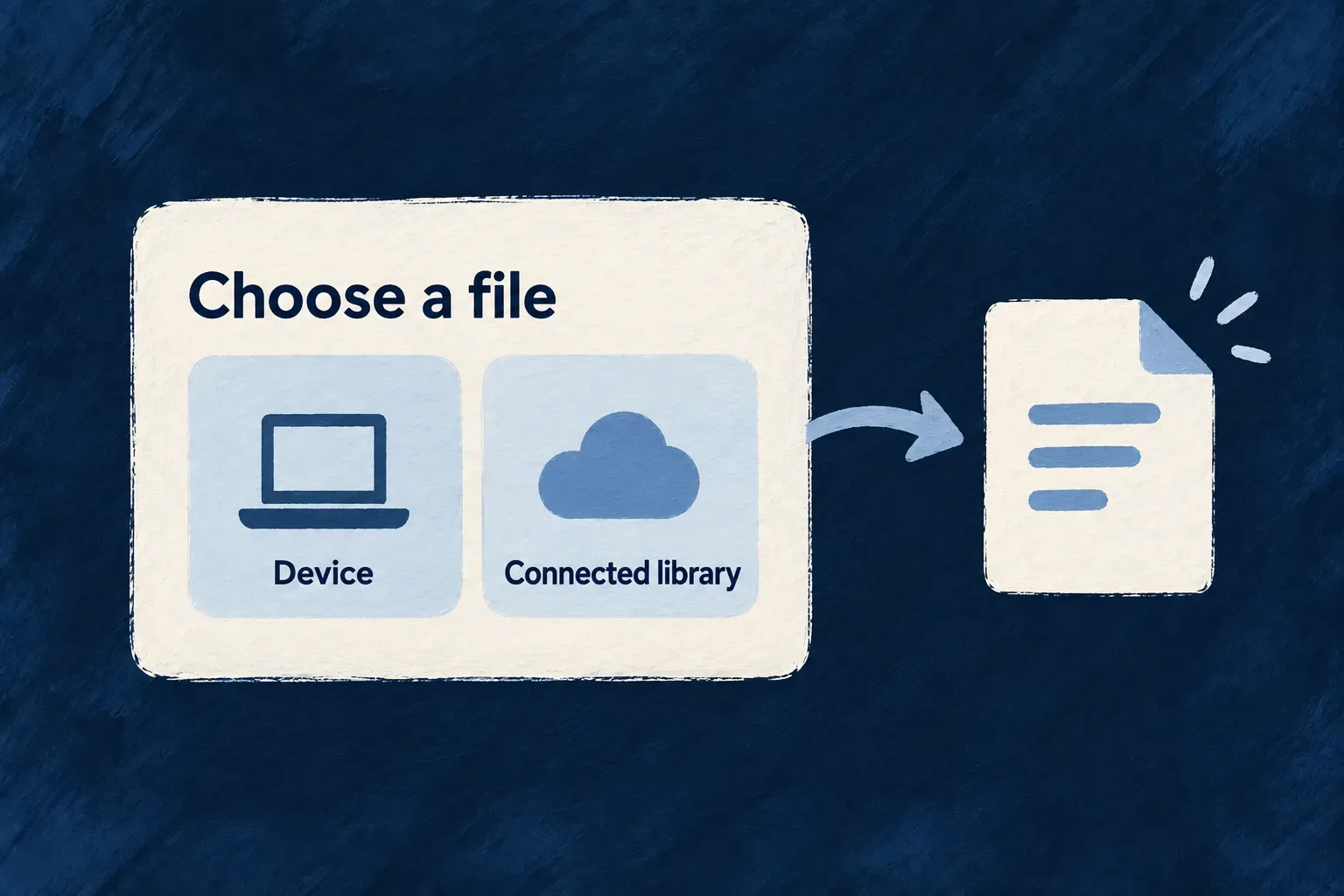 A file chooser offers a device and a connected library as sources.