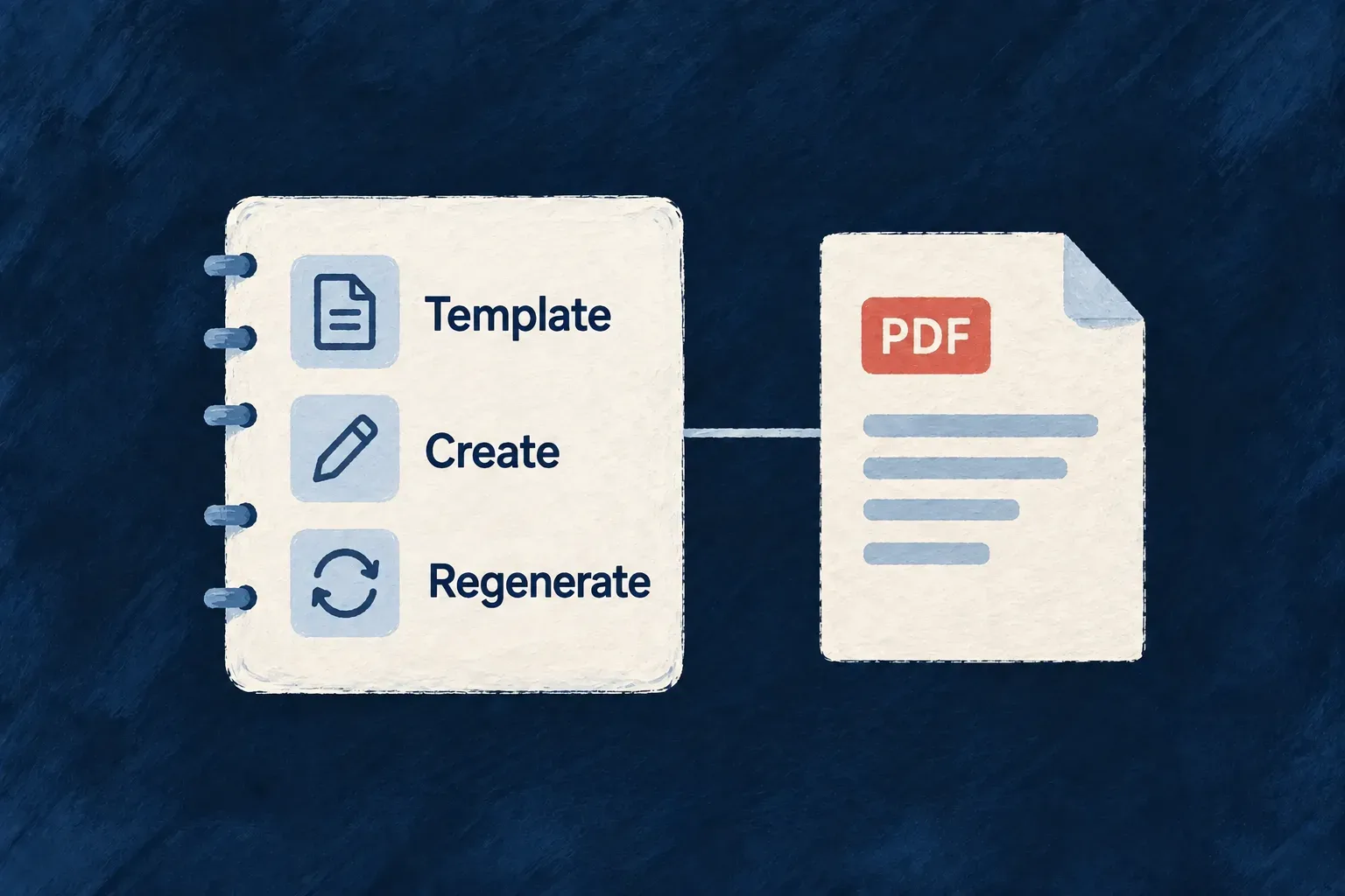 A specification records the template, creation and regeneration behavior of a generated PDF.