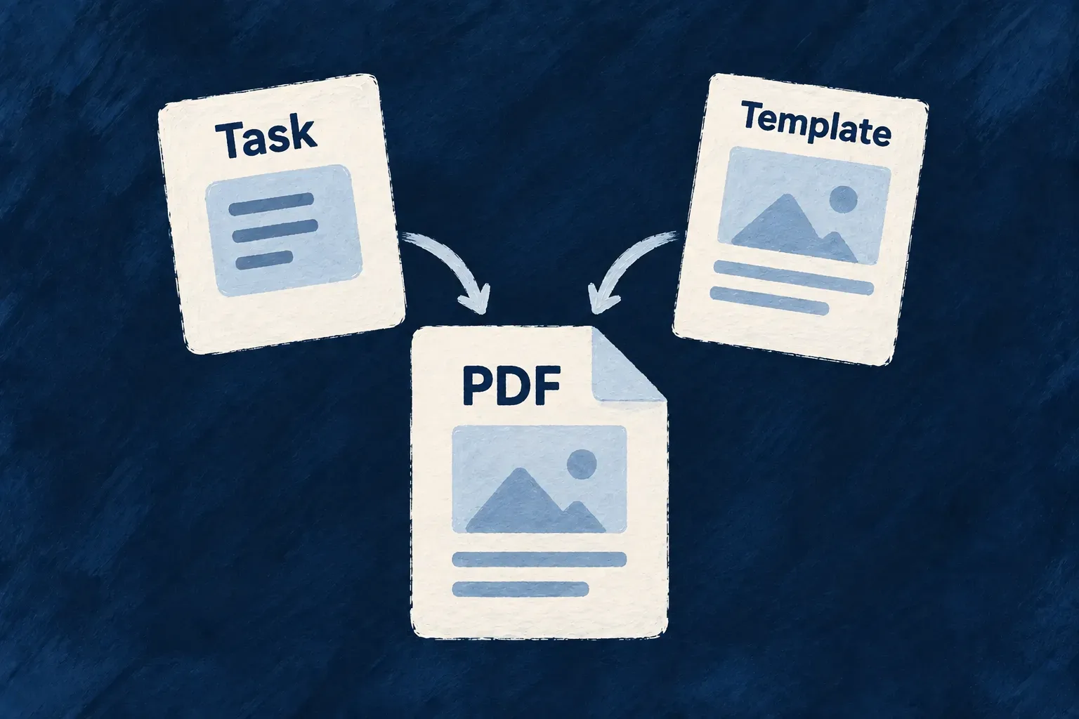 A task's data and a designed template combine into a generated PDF.