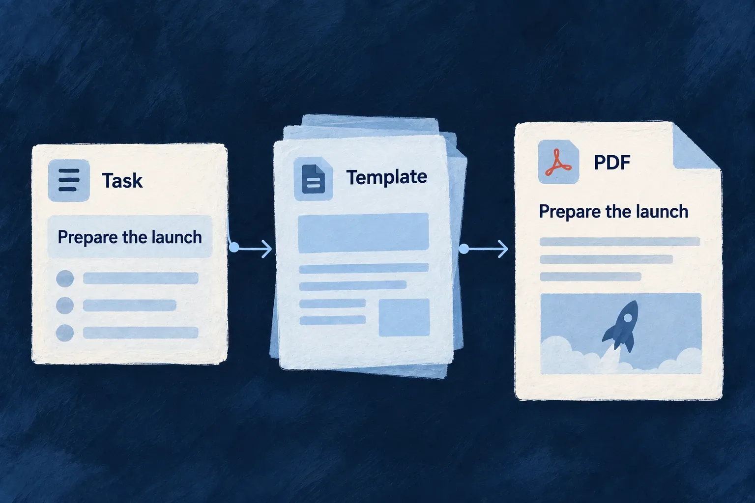 A task and a designed template become a PDF summary.