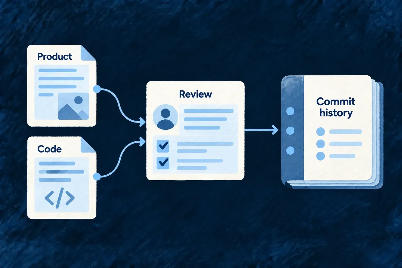Product and code changes are reviewed and recorded together in a commit.