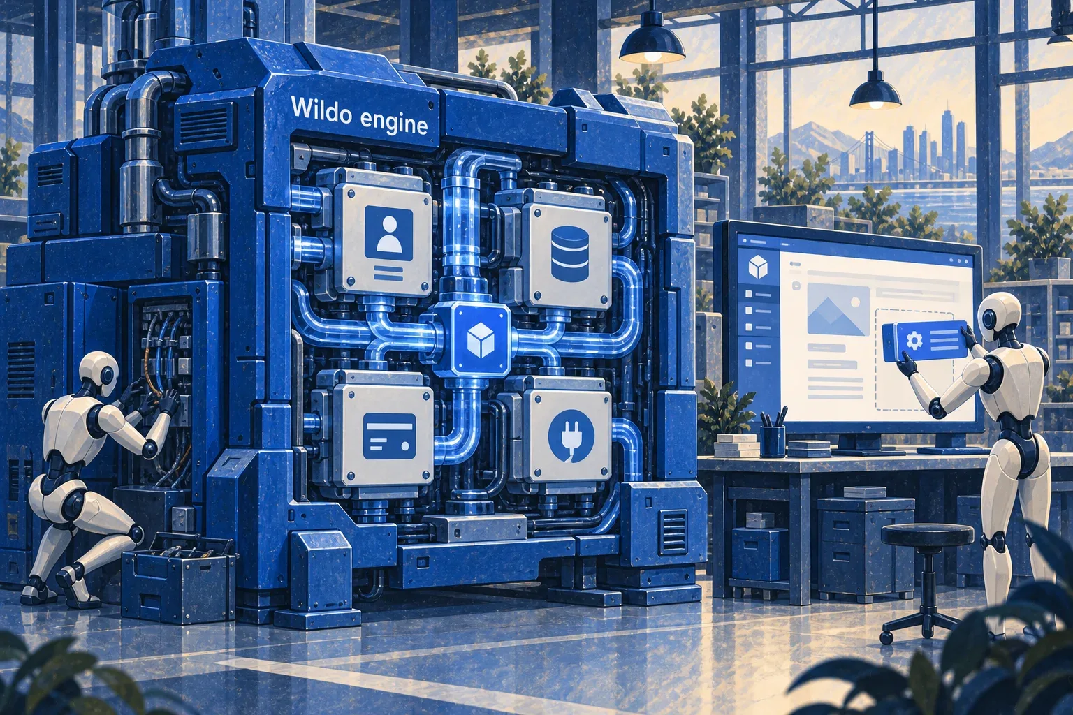 An integrated software engine supplies connected capabilities to an application, while an AI agent adds its custom behavior.