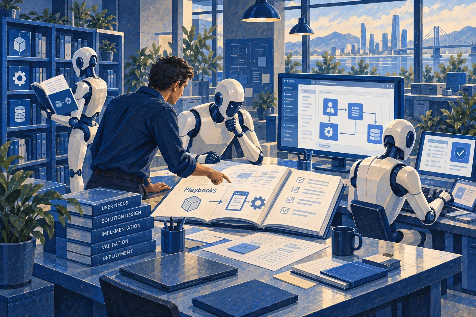 AI agents use a shared product plan, playbooks and framework knowledge to implement a business workflow, with a human directing priorities.