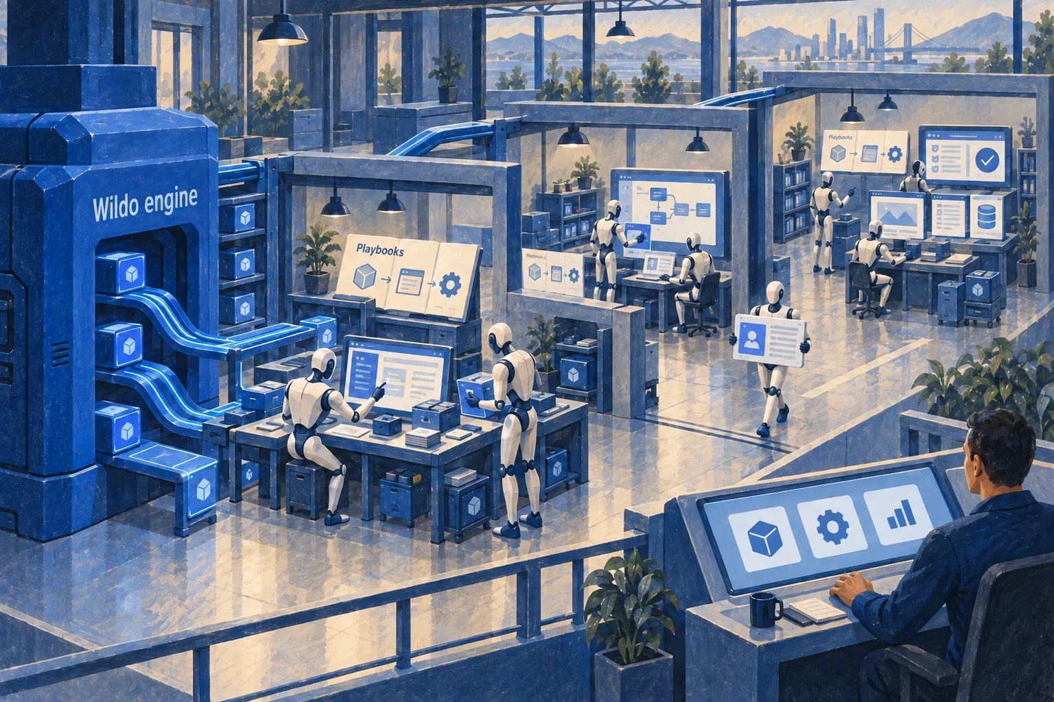A software factory supplied by the Wildo engine. Humanoid AI agents follow playbooks through assembly, customization and review while a person directs the work from an overview station.