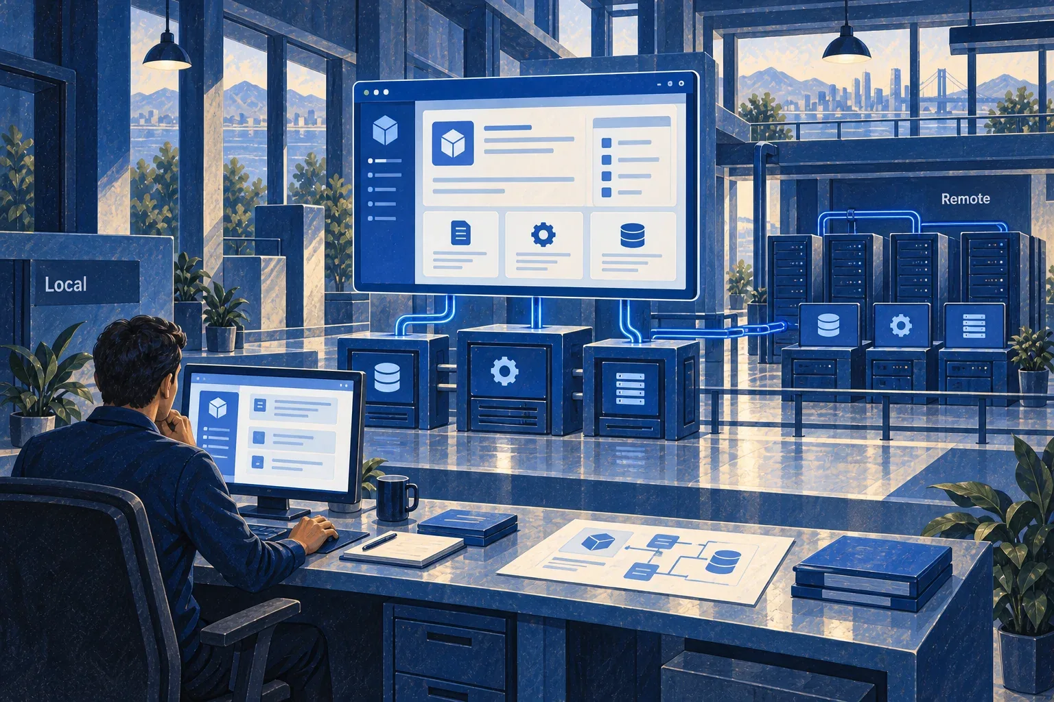 An operator oversees an application and its backing services, with local and remote environments connected through shared configuration plans.