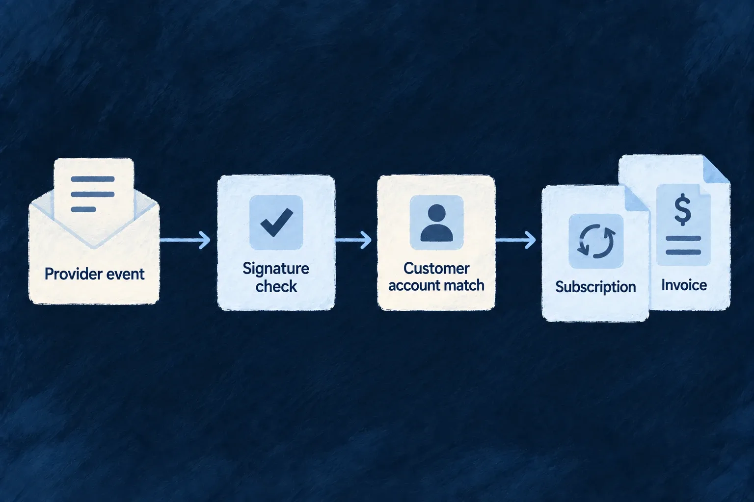 The provider sends a checkout-completed event. Wildo checks its account and purchase metadata before applying the purchase, then the application can refresh its billing view.